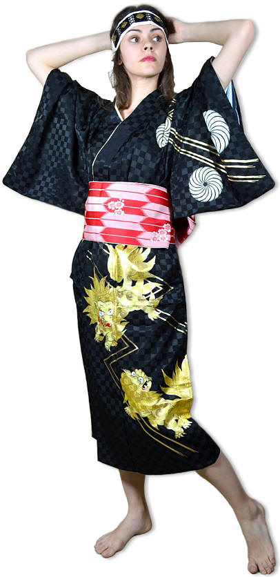 японское  кимоно с авторским рисунком и пояс оби