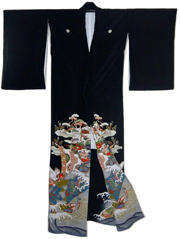 японское шелковое кимоно с авторским рисунком и вышивкой золотом