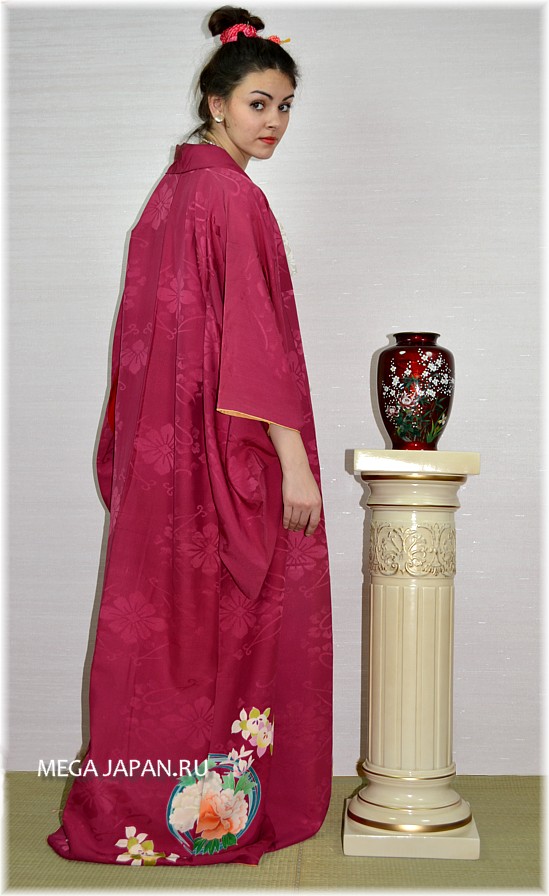 винтажное японское кимоно, шелк, ручная роспись